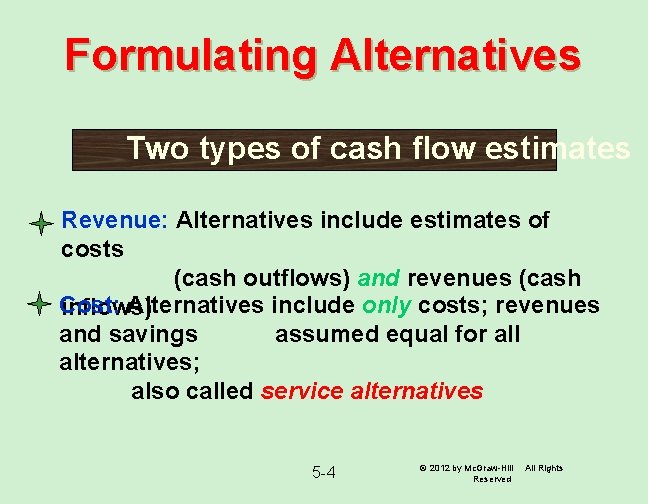 Formulating Alternatives Two types of cash flow estimates Revenue: Alternatives include estimates of costs