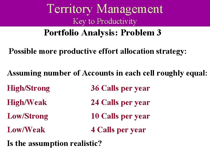 Territory Management Key to Productivity Portfolio Analysis: Problem 3 Possible more productive effort allocation