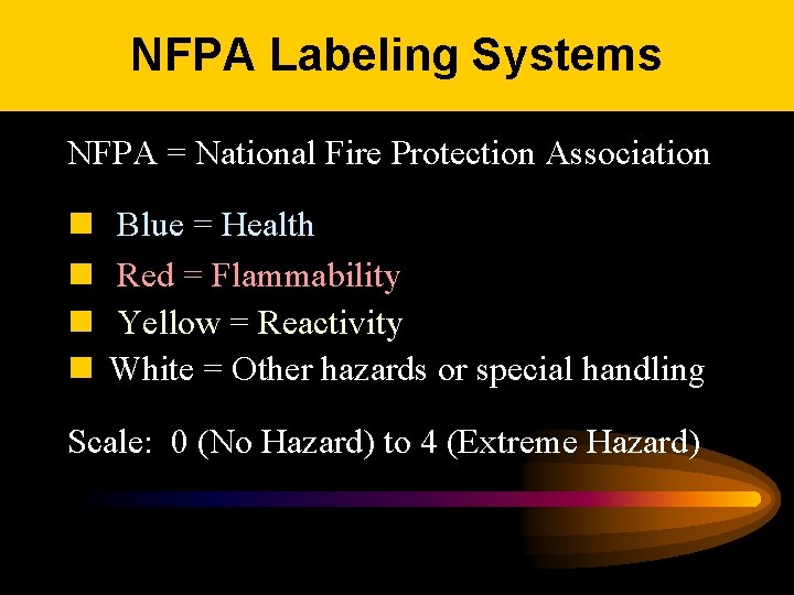 NFPA Labeling Systems NFPA = National Fire Protection Association n n Blue = Health