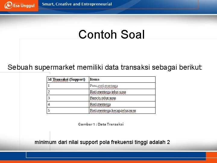 Contoh Soal Sebuah supermarket memiliki data transaksi sebagai berikut: minimum dari nilai support pola