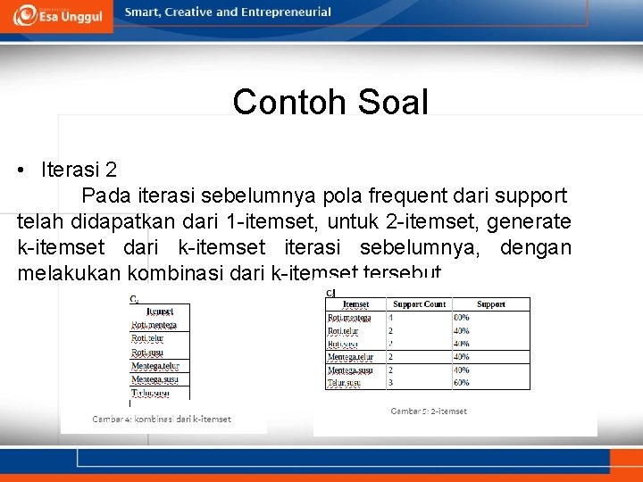 Contoh Soal • Iterasi 2 Pada iterasi sebelumnya pola frequent dari support telah didapatkan