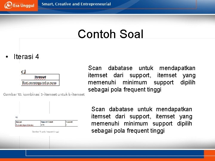 Contoh Soal • Iterasi 4 Scan dabatase untuk mendapatkan itemset dari support, itemset yang