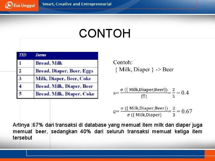 CONTOH Artinya : 67% dari transaksi di database yang memuat item milk dan diaper