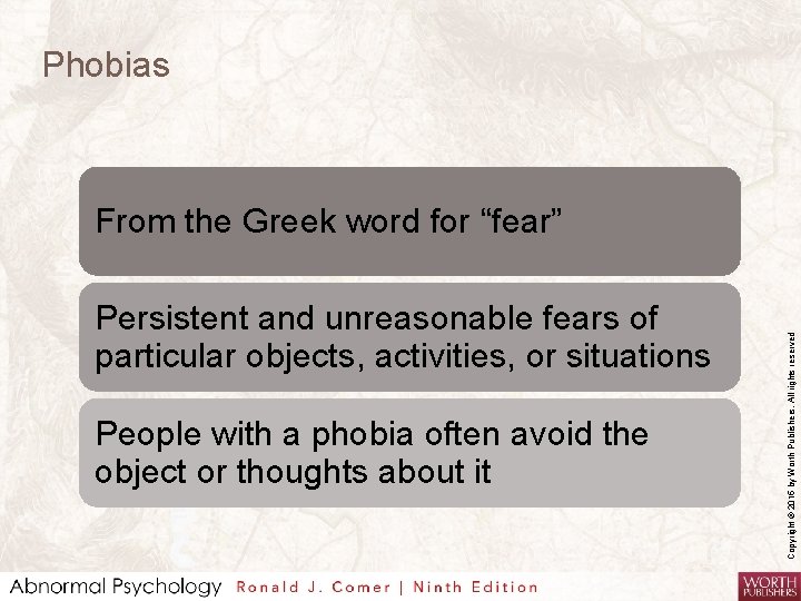 Phobias Persistent and unreasonable fears of particular objects, activities, or situations People with a