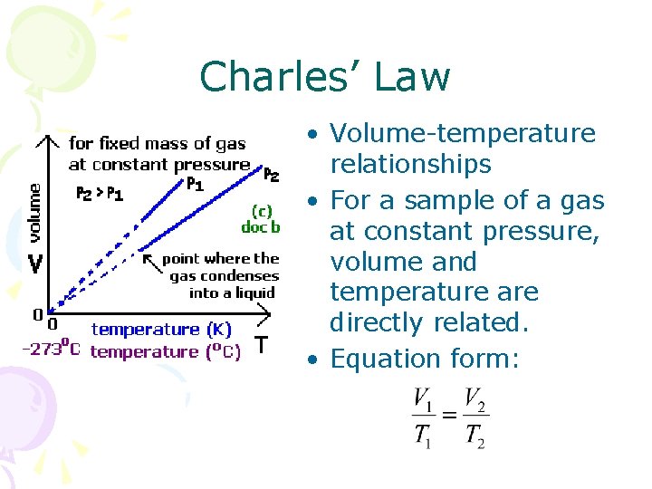 Charles’ Law • Volume-temperature relationships • For a sample of a gas at constant