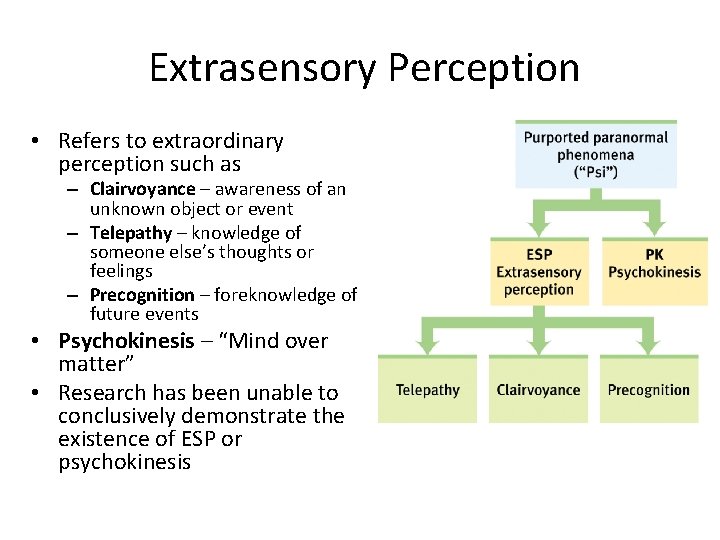 Extrasensory Perception • Refers to extraordinary perception such as – Clairvoyance – awareness of