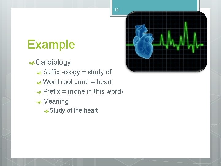 19 Example Cardiology Suffix -ology = study of Word root cardi = heart Prefix