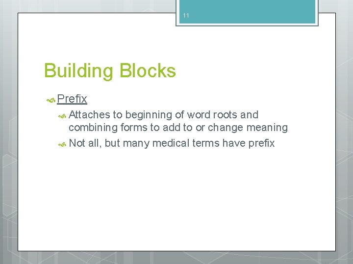 11 Building Blocks Prefix Attaches to beginning of word roots and combining forms to