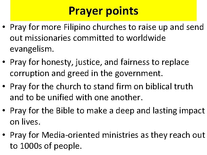 Prayer points • Pray for more Filipino churches to raise up and send out