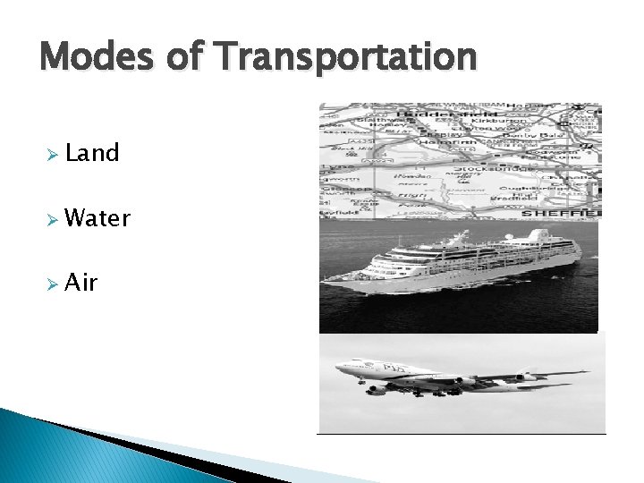 Modes of Transportation Ø Land Ø Water Ø Air Modes of Transportation Ø Land Ø Water Ø Air