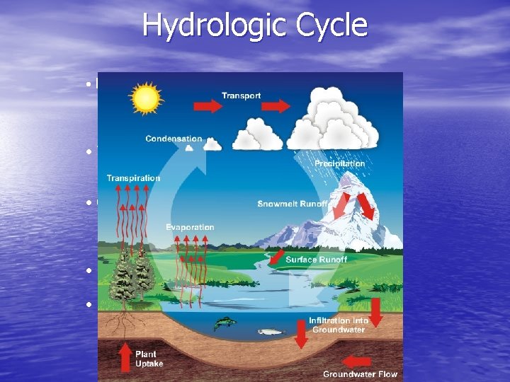 Hydrologic Cycle • Evaporation • change of water from a liquid to a gas. Hydrologic Cycle • Evaporation • change of water from a liquid to a gas.