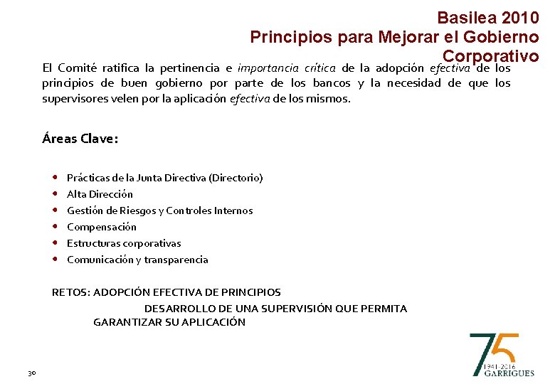 Basilea 2010 Principios para Mejorar el Gobierno Corporativo El Comité ratifica la pertinencia e