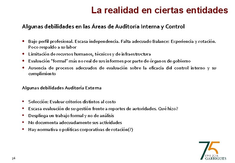 La realidad en ciertas entidades Algunas debilidades en las Áreas de Auditoría Interna y