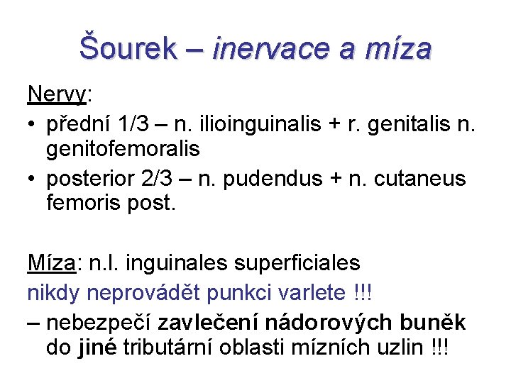 Šourek – inervace a míza Nervy: • přední 1/3 – n. ilioinguinalis + r.
