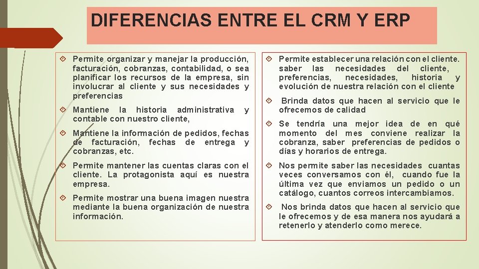 DIFERENCIAS ENTRE EL CRM Y ERP Permite organizar y manejar la producción, facturación, cobranzas,