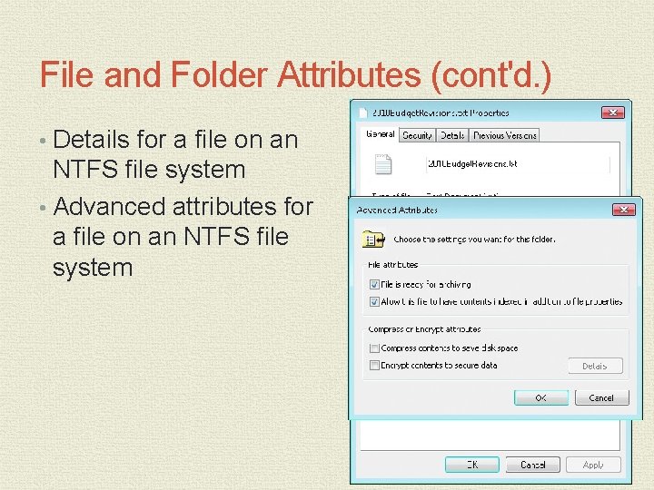 File and Folder Attributes (cont'd. ) • Details for a file on an NTFS