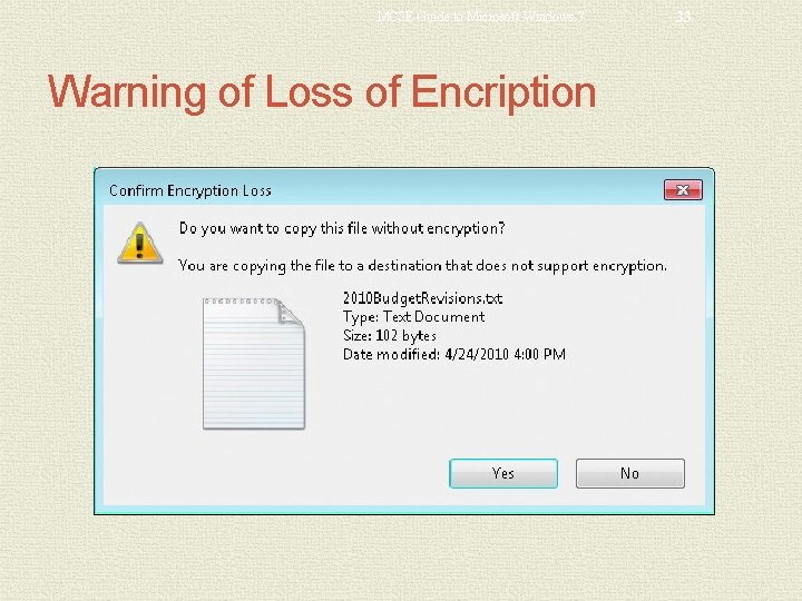 MCSE Guide to Microsoft Windows 7 Warning of Loss of Encription 33 