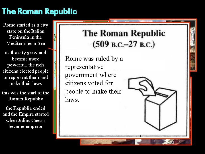 The Roman Republic Rome started as a city state on the Italian Peninsula in