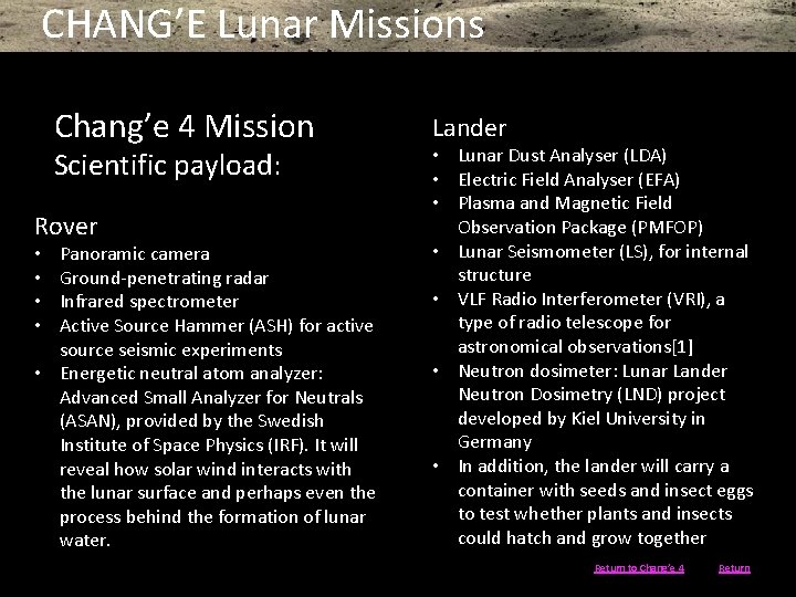 CHANG’E Lunar Missions Chang’e 4 Mission Scientific payload: Rover Panoramic camera Ground-penetrating radar Infrared CHANG’E Lunar Missions Chang’e 4 Mission Scientific payload: Rover Panoramic camera Ground-penetrating radar Infrared
