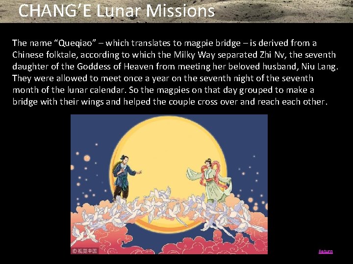 CHANG’E Lunar Missions The name “Queqiao” – which translates to magpie bridge – is