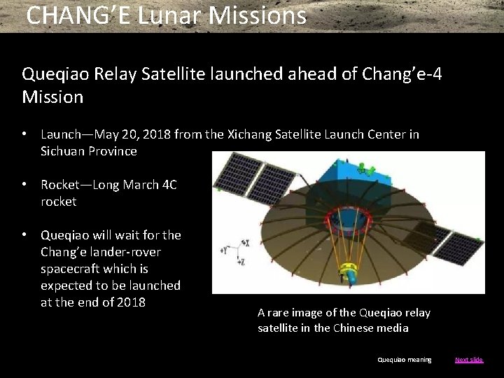 CHANG’E Lunar Missions Queqiao Relay Satellite launched ahead of Chang’e-4 Mission • Launch—May 20,