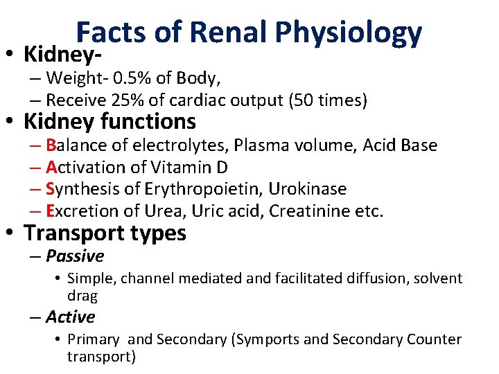 Facts of Renal Physiology • Kidney- – Weight- 0. 5% of Body, – Receive