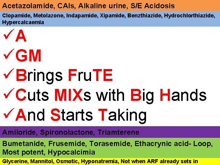 Acetazolamide, CAIs, Alkaline urine, S/E Acidosis Clopamide, Metolazone, Indapamide, Xipamide, Benzthiazide, Hydrochlorthiazide, Hypercalcaemia üA