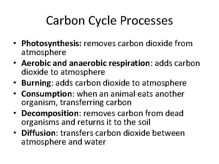 Carbon Cycle Processes • Photosynthesis: removes carbon dioxide from atmosphere • Aerobic and anaerobic