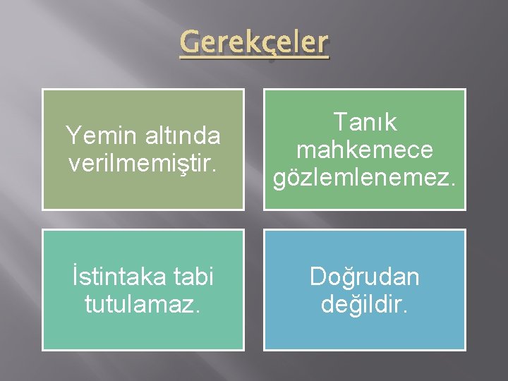 Gerekçeler Yemin altında verilmemiştir. Tanık mahkemece gözlemlenemez. İstintaka tabi tutulamaz. Doğrudan değildir. 