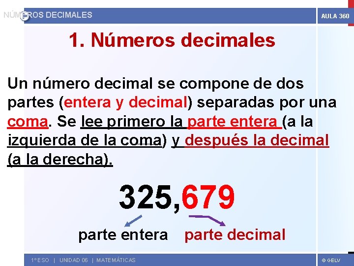 NÚMEROS DECIMALES AULA 360 1. Números decimales Un número decimal se compone de dos