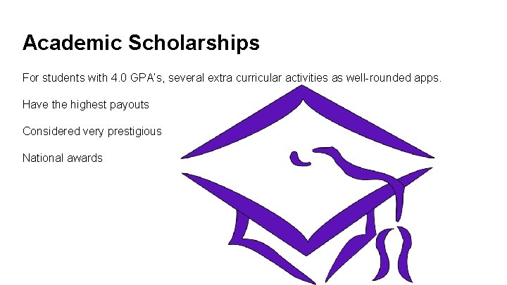 Academic Scholarships For students with 4. 0 GPA’s, several extra curricular activities as well-rounded