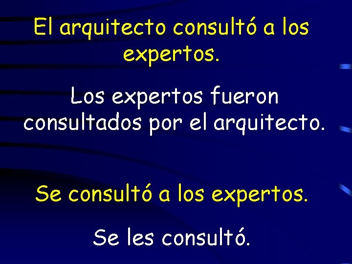 El arquitecto consultó a los expertos. Los expertos fueron consultados por el arquitecto. Se