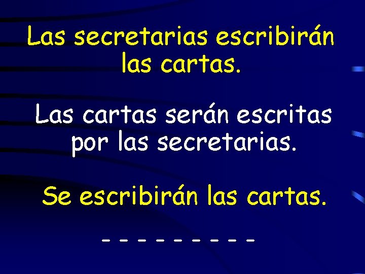 Las secretarias escribirán las cartas. Las cartas serán escritas por las secretarias. Se escribirán