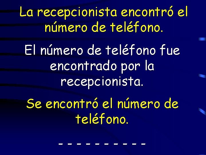 La recepcionista encontró el número de teléfono. El número de teléfono fue encontrado por