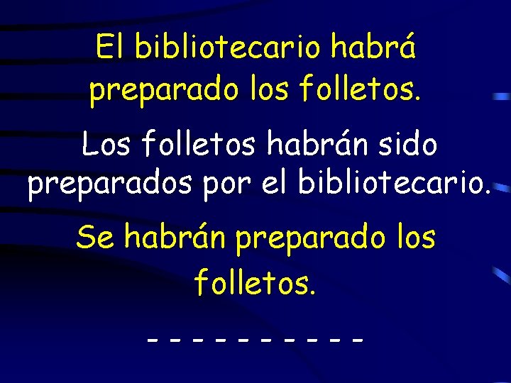 El bibliotecario habrá preparado los folletos. Los folletos habrán sido preparados por el bibliotecario.