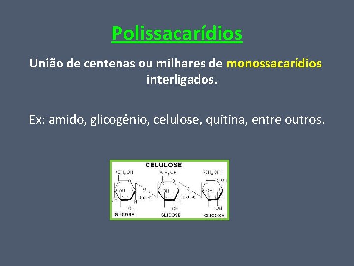 Polissacarídios União de centenas ou milhares de monossacarídios interligados. Ex: amido, glicogênio, celulose, quitina,