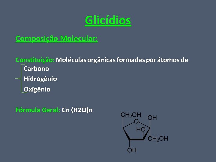 Glicídios Composição Molecular: Constituição: Moléculas orgânicas formadas por átomos de Carbono Hidrogênio Oxigênio Fórmula