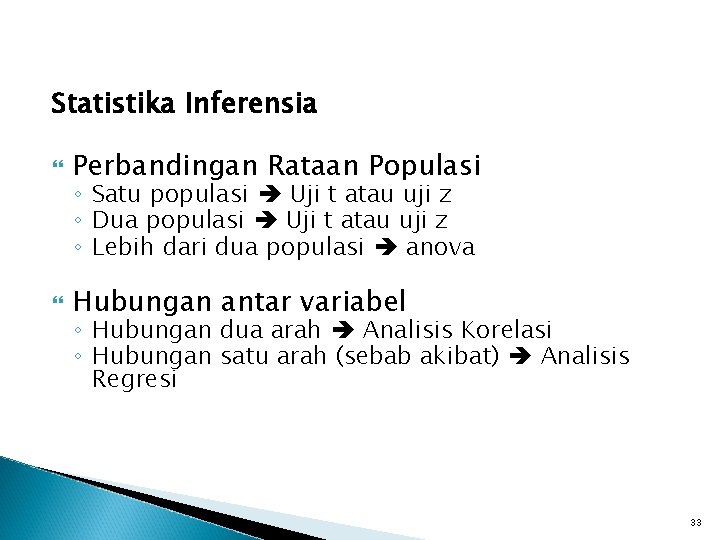 Statistika Inferensia Perbandingan Rataan Populasi Hubungan antar variabel ◦ Satu populasi Uji t atau