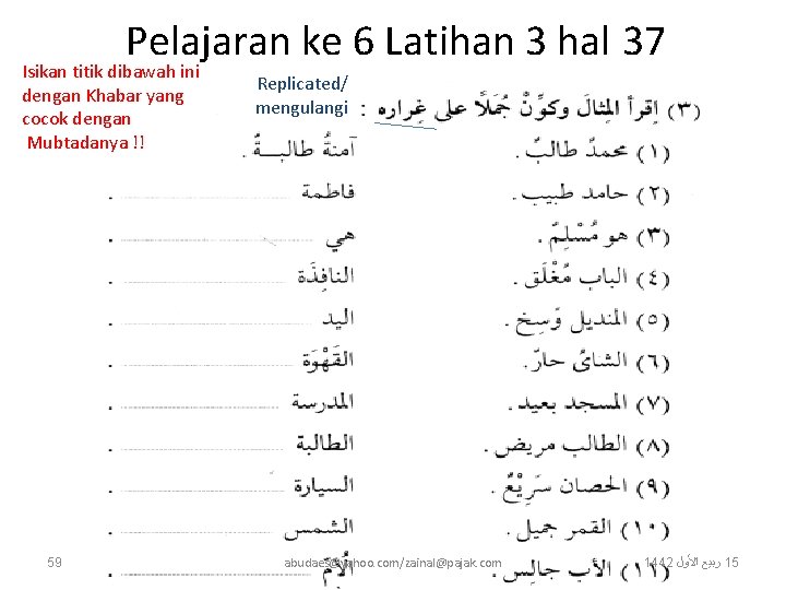 Pelajaran ke 6 Latihan 3 hal 37 Isikan titik dibawah ini dengan Khabar yang