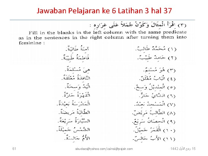 Jawaban Pelajaran ke 6 Latihan 3 hal 37 61 abudaes@yahoo. com/zainal@pajak. com 1442 ﺍﻷﻮﻝ