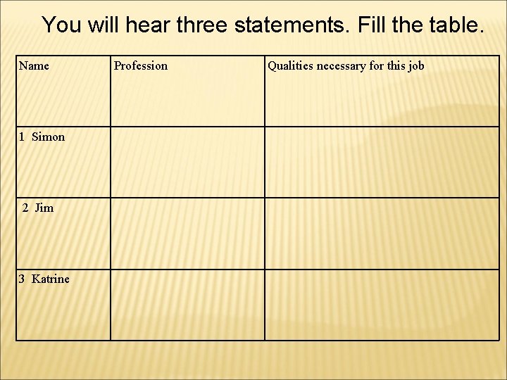 You will hear three statements. Fill the table. Name 1 Simon 2 Jim 3