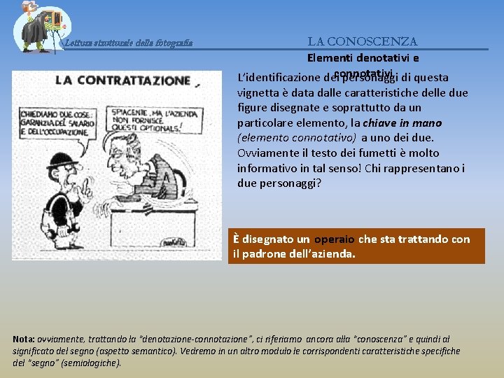 Lettura strutturale della fotografia LA CONOSCENZA Elementi denotativi e connotativi L’identificazione dei personaggi di