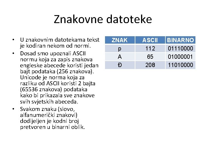 Znakovne datoteke • U znakovnim datotekama tekst je kodiran nekom od normi. • Dosad