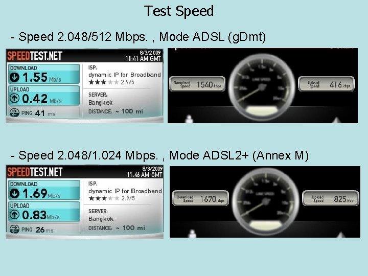 Test Speed - Speed 2. 048/512 Mbps. , Mode ADSL (g. Dmt) - Speed