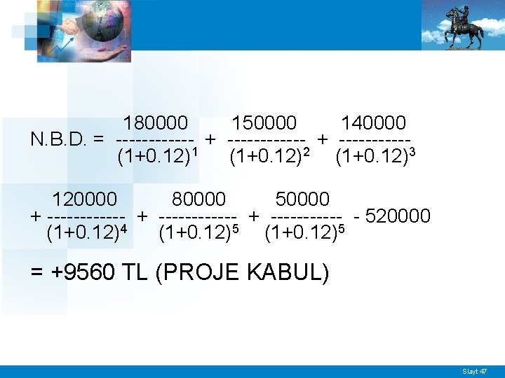 180000 150000 140000 N. B. D. = ------------ + -----(1+0. 12)1 (1+0. 12)2 (1+0.