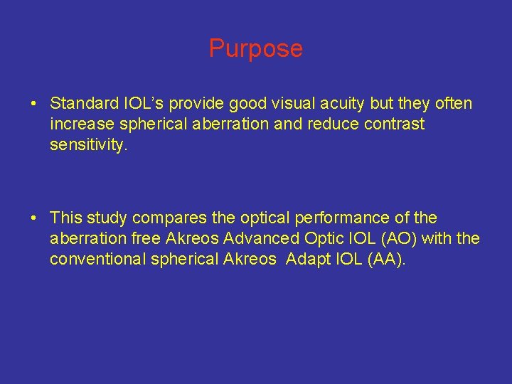 Purpose • Standard IOL’s provide good visual acuity but they often increase spherical aberration