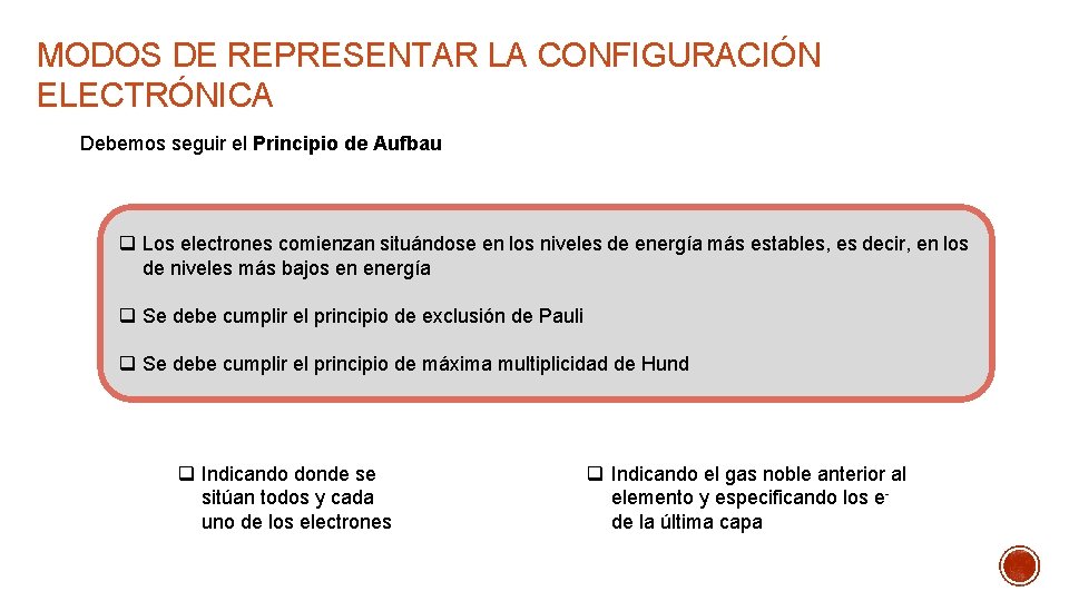 MODOS DE REPRESENTAR LA CONFIGURACIÓN ELECTRÓNICA Debemos seguir el Principio de Aufbau q Los
