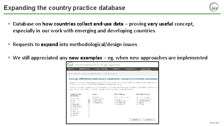 Expanding the country practice database • Database on how countries collect end-use data –