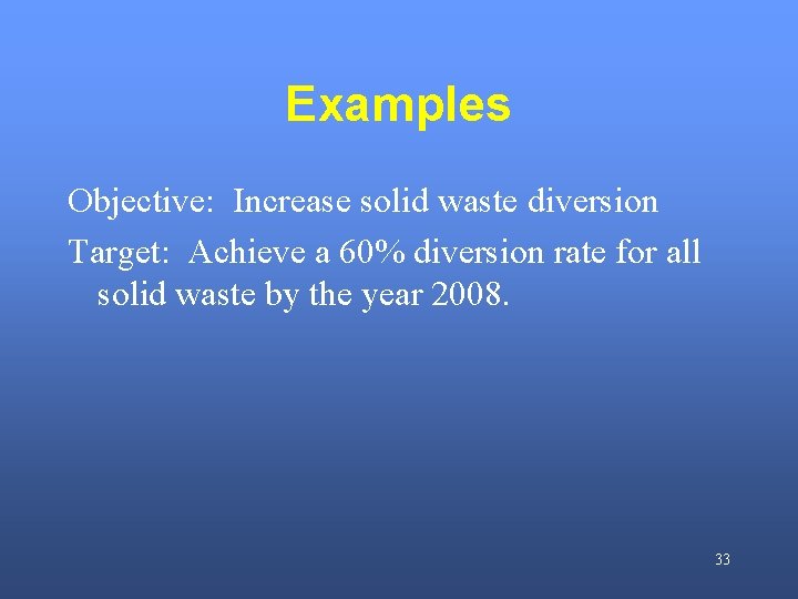 Examples Objective: Increase solid waste diversion Target: Achieve a 60% diversion rate for all