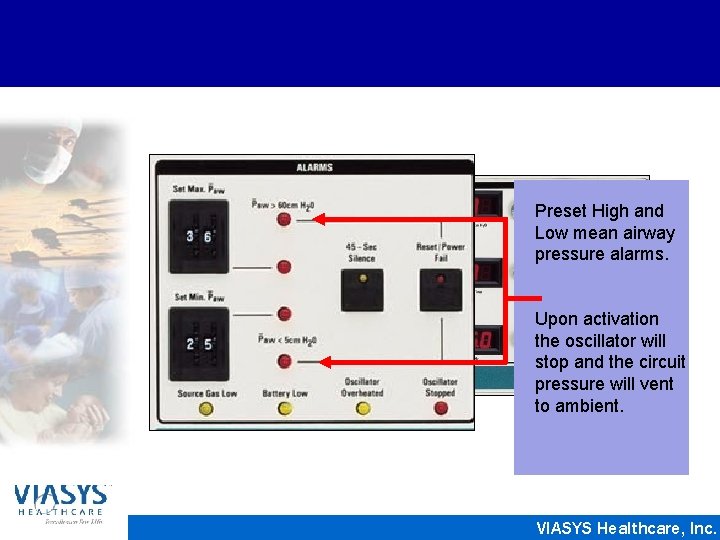 Preset High and Low mean airway pressure alarms. Upon activation the oscillator will stop